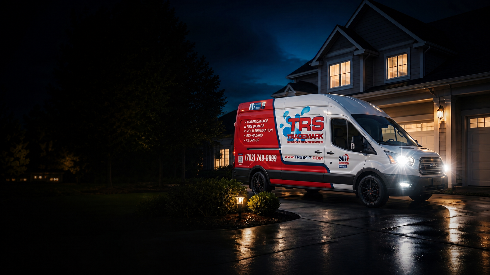 TRS emergency response van parked in a driveway at night