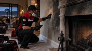 Trademark Restoration Services technician inspecting smoke damage and soot inside a Southern Nevada home