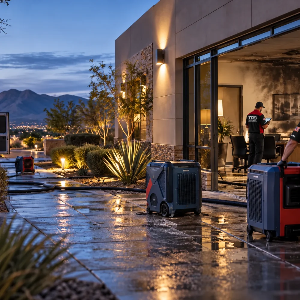Trademark Restoration Services technician supporting commercial fire restoration at a Southern Nevada property