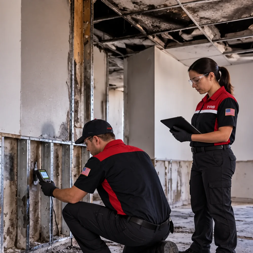 Trademark Restoration Services technicians assessing damage inside a commercial property