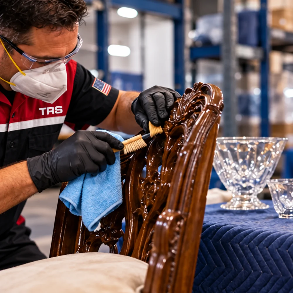 Trademark Restoration Services technician carefully cleaning a smoke-affected furniture item