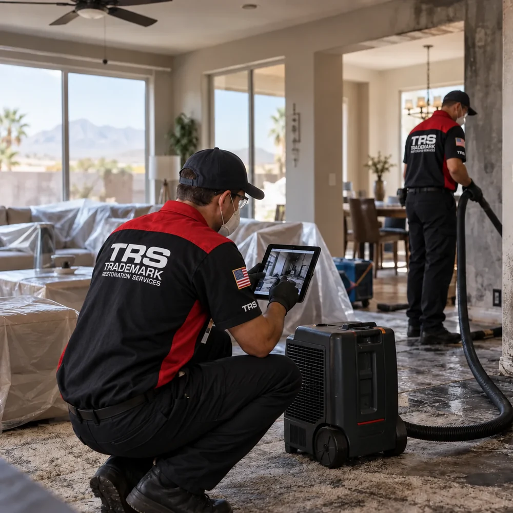 Trademark Restoration Services technicians assessing fire and smoke damage inside a Southern Nevada home
