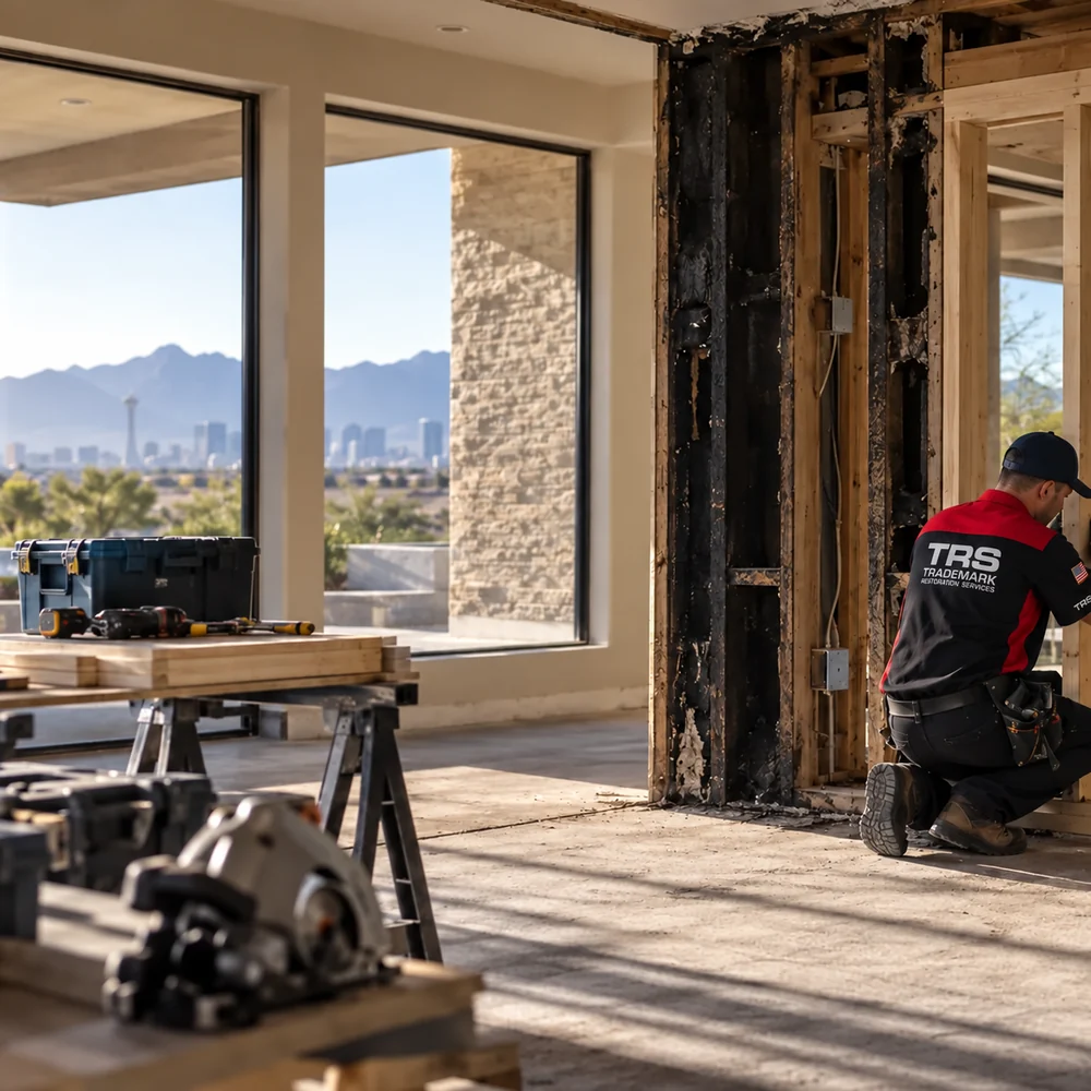 Trademark Restoration Services technician working in a fire-damaged Southern Nevada home