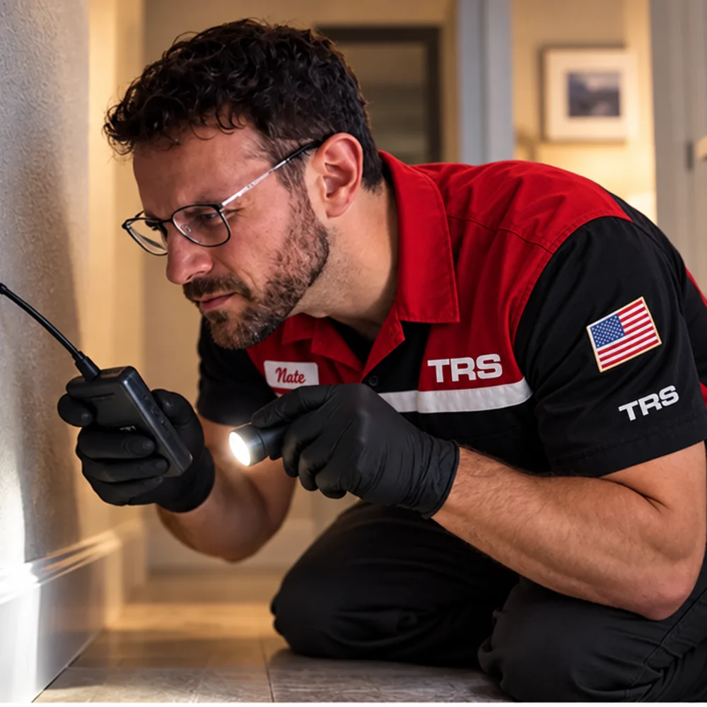 Trademark Restoration Services technician inspecting a property for an odor source
