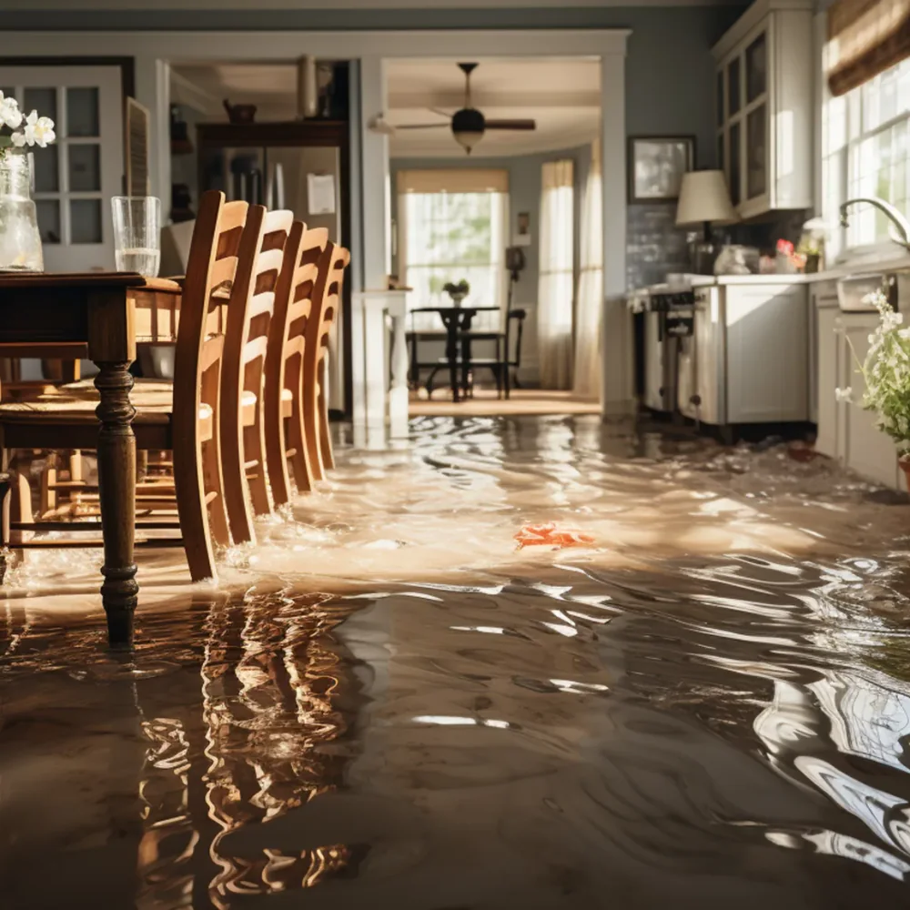 Standing water affecting the kitchen and dining area of a residential property