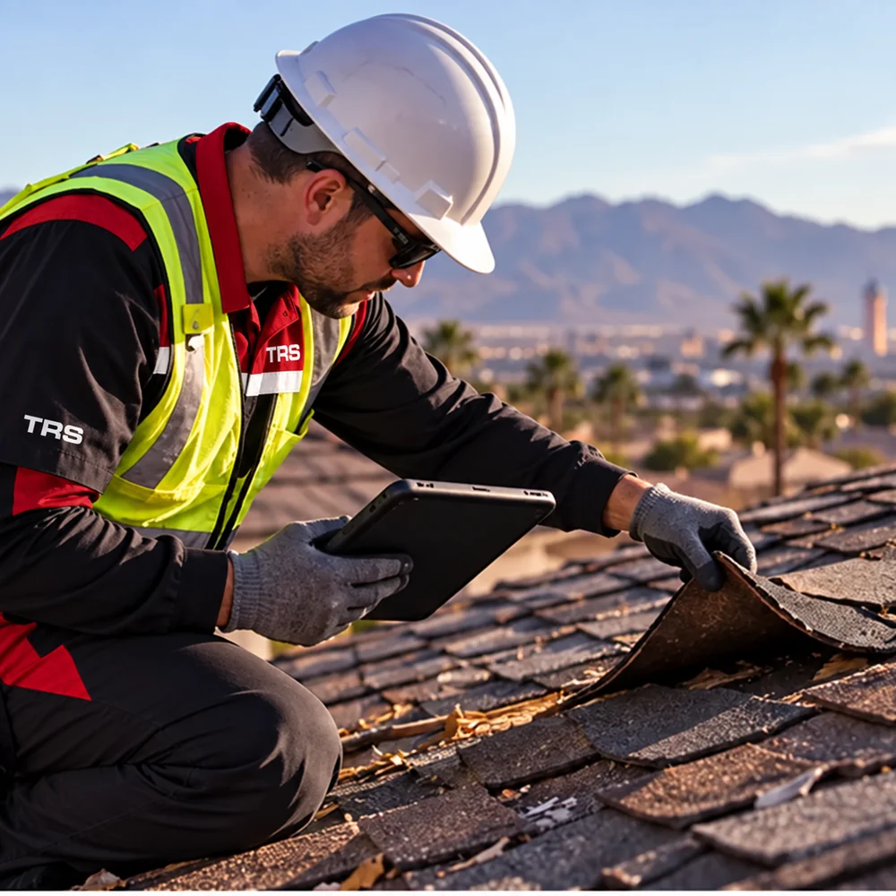 Trademark Restoration Services technician assessing wind damage on a Southern Nevada roof