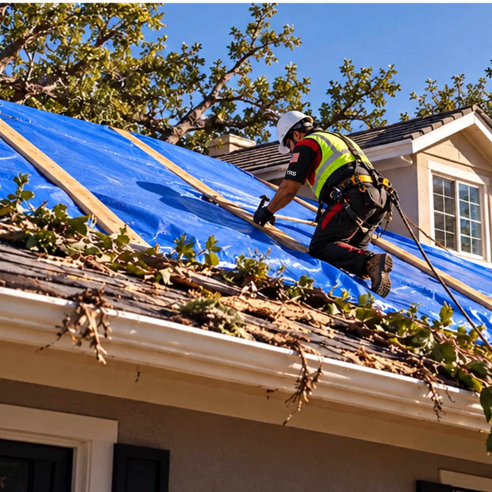 Trademark Restoration Services technician securing a roof tarp after wind damage