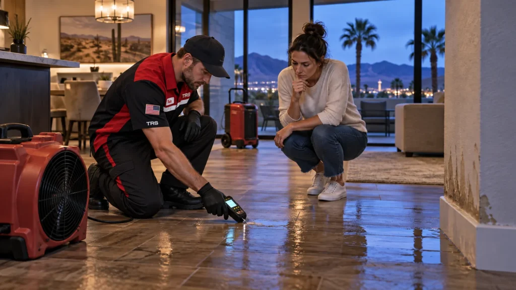 Trademark Restoration Services technician assessing water damage with a homeowner in Las Vegas